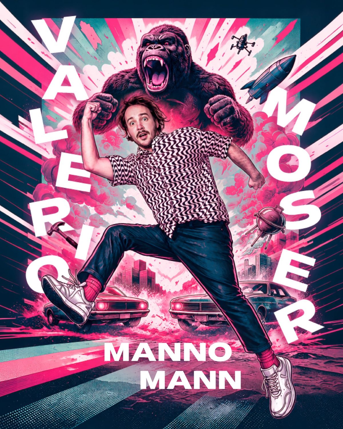 Plakat zu «mannomann»: Valerio Moser springt vor einem brüllenden Gorilla, Raketen und explodierenden Autos davon
